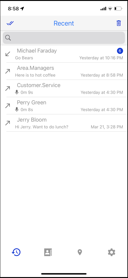 The Recent Screen organizes messages and calls into conversations.