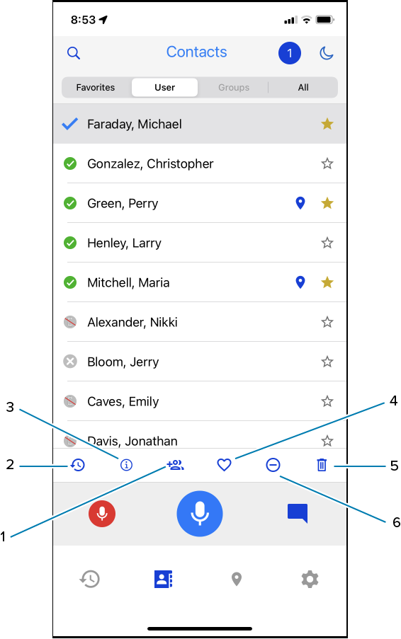 PTT Pro contact action bar appears when selecting a contact.