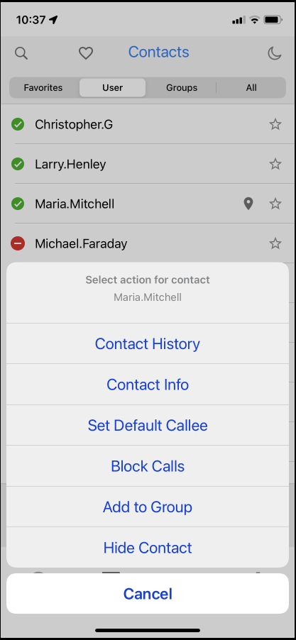 WFC PTT Pro pop up menu on a contact.