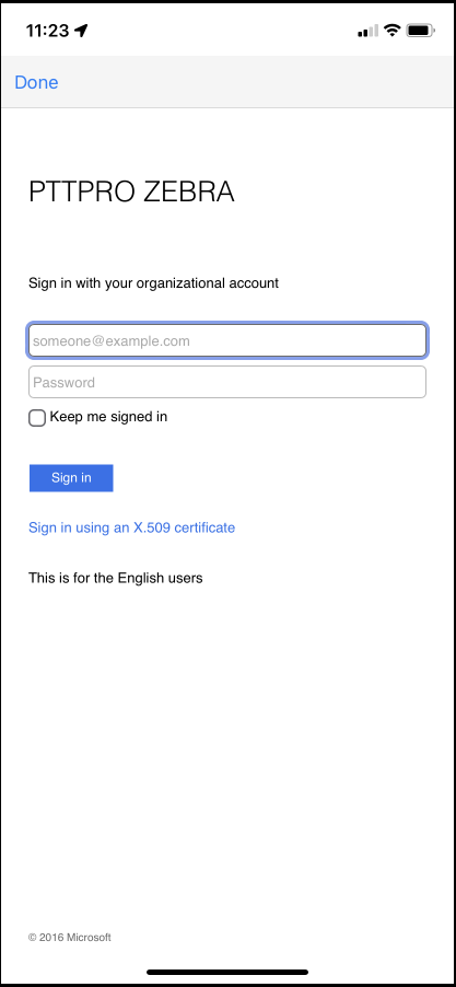 PTT Pro screen for entering your Profile Manager user name and password.