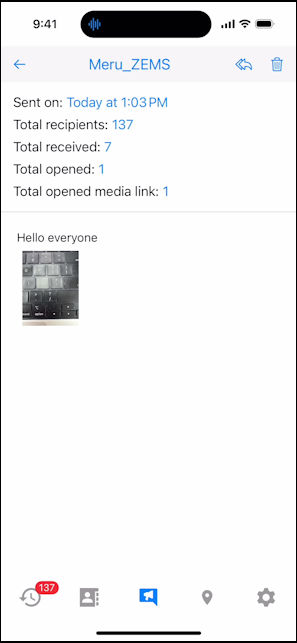 The Broadcast Message Sent tab displays the number of recipients who opened the media file.