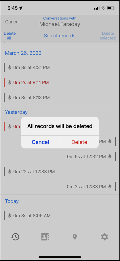 WFC PTT Pro Conversation with Delete all records selected.
