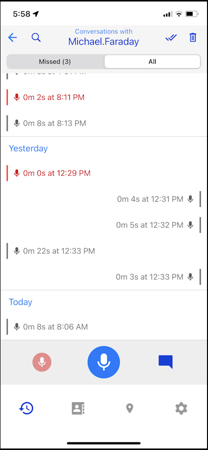 Example of a conversation with sent and received calls and messages.