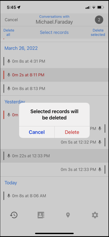 WFC PTT Conversation with several records selected.