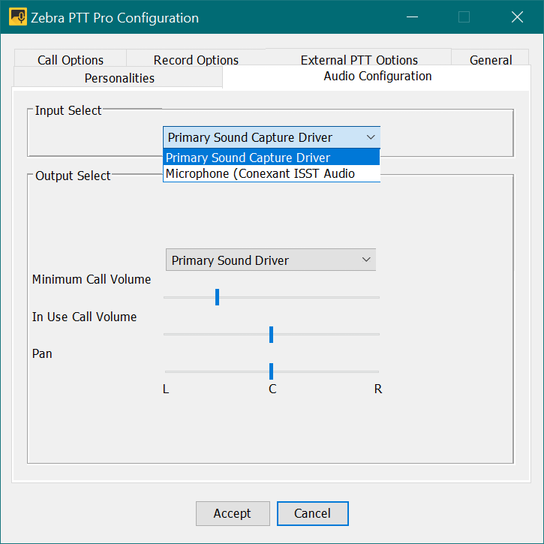 Select the audio input device for Zebra PTT Pro PC Client