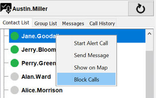 Block calls from a contact in the PTT Pro PC Client