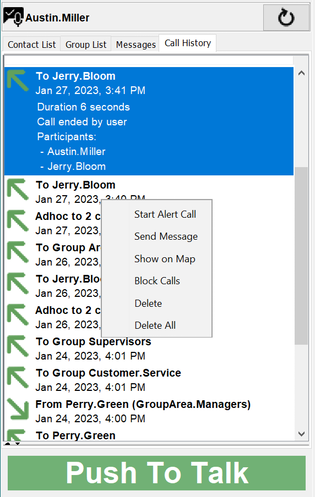 Call history in the PTT Pro PC Client