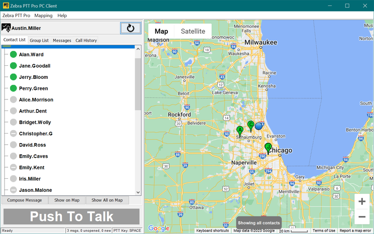 Map in PTT Pro PC Client with presence indicators