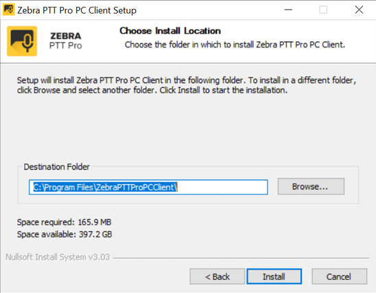 Choose the install location for the Zebra PTT Pro PC Client software