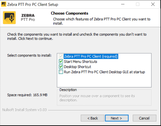 Zebra PTT Pro PC Client choose components screen