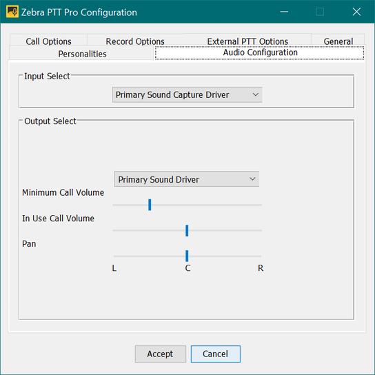 Zebra PTT Pro PC Client configuration dialog