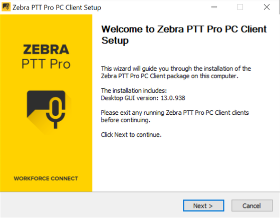 Zebra PTT Pro PC Client installation screen