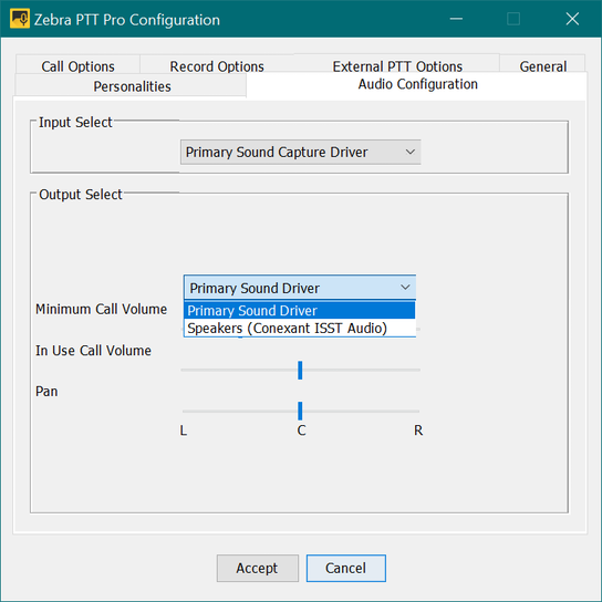 Select the output device for Zebra PTT Pro PC Client