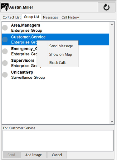 Right-click menu for sending a group message in the PTT Pro PC Client