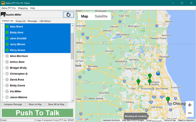 Make an ad hoc PTT call to contacts selected from the PTT Pro PC Client map