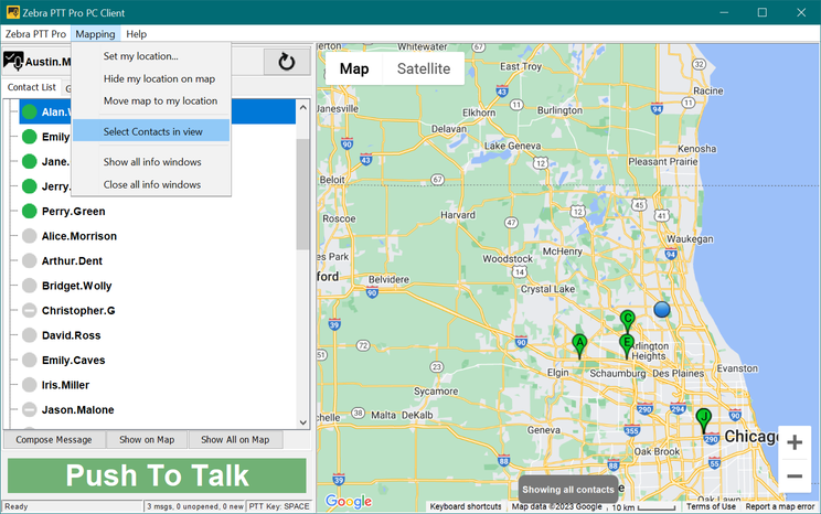 Select contacts from the map to initiate an ad hoc PTT call