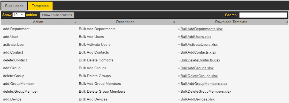 Click Template to display the list of templates.