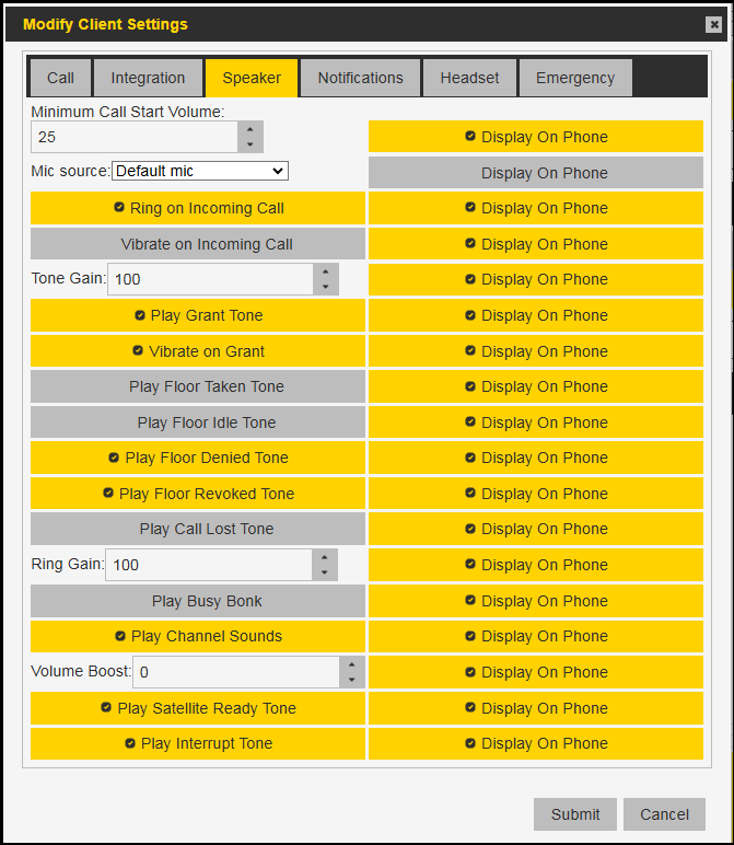 PTT Pro Portal Speaker settings configuration.
