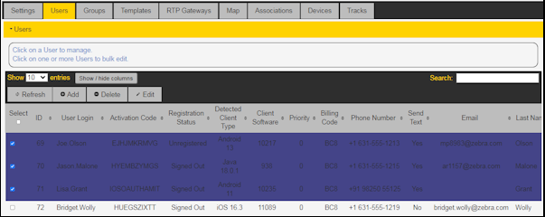 PTT Pro Portal Edit users tab with several users selected.