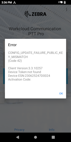 An error resulting from a public key mismatch displays on the device.