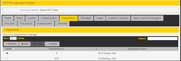 PTT Pro Portal Departments tab for listing departments.