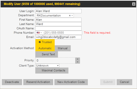 The Modify User dialog for a PTT Pro user.