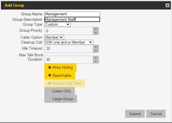 Options when creating a new group.
