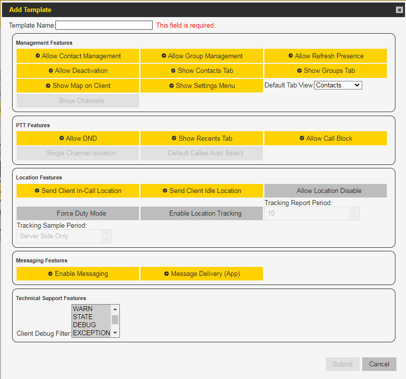 Select the features to create a feature key template.