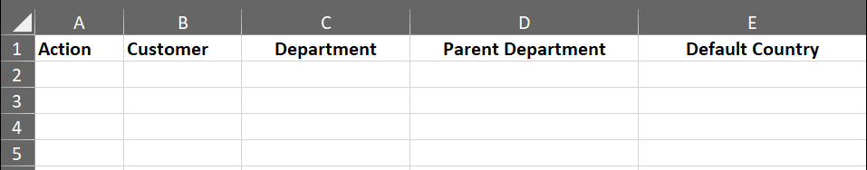 Enter the fields in the department .xslx template to create a new department.