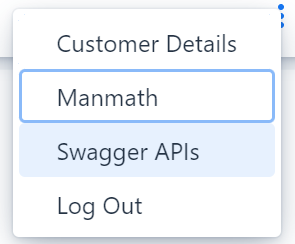 Show menu displays logged in user, customer details, API  Swagger page and log out options.