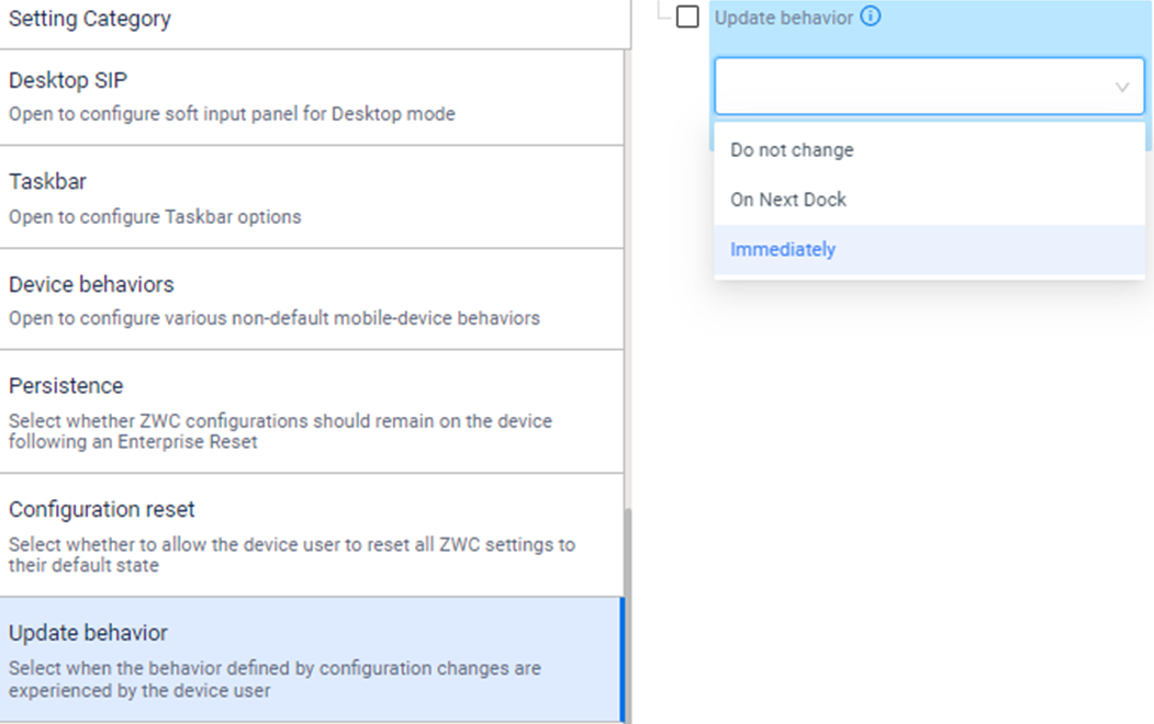 determine when the application behavior is enabled on the device immediately or upon next dock