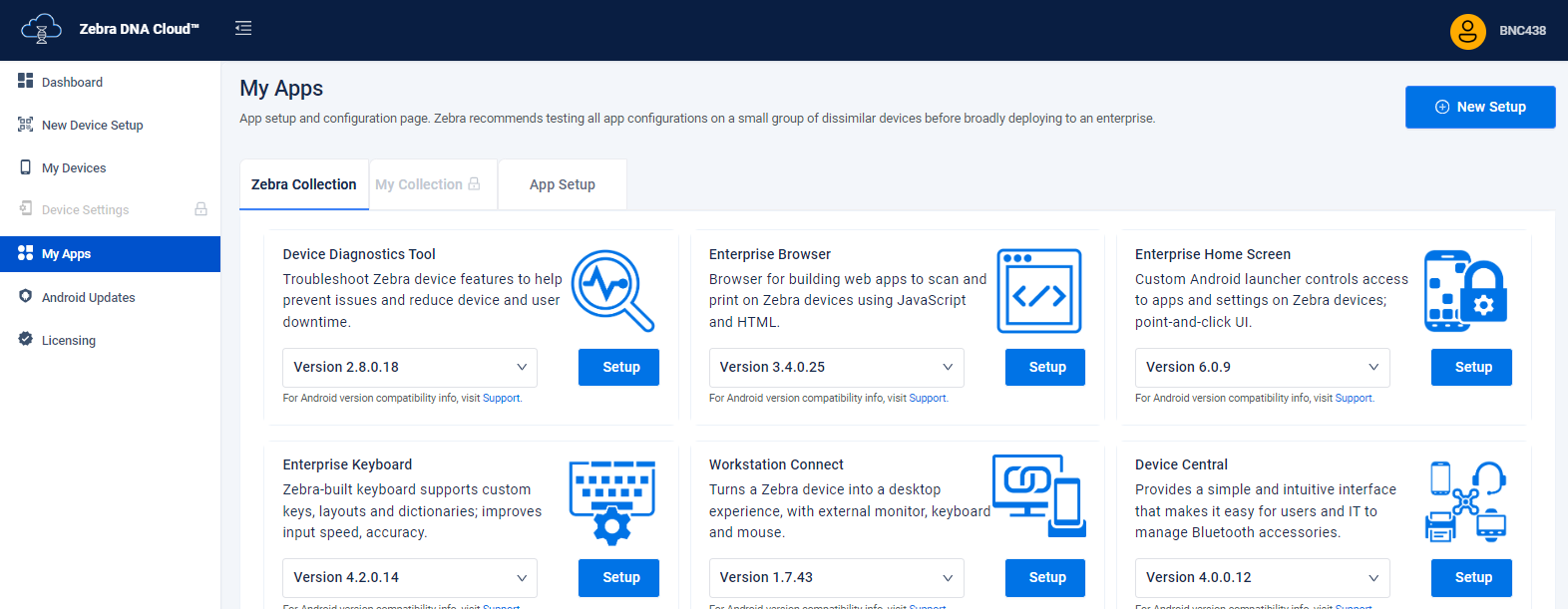 zebra dna cloud installed applications tab