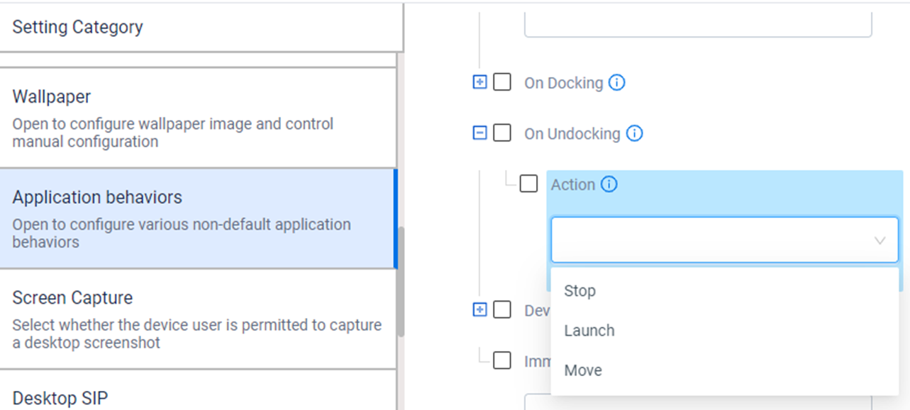 set undocking action to stop, launch or reset 