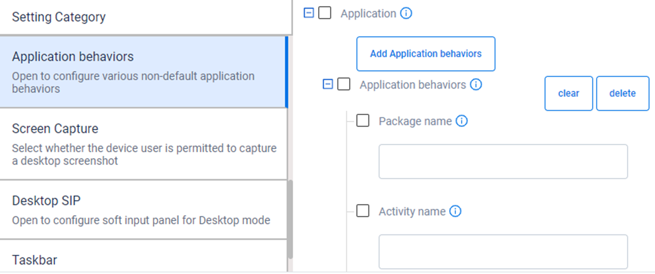configure application behaviors by providing the package and activity names