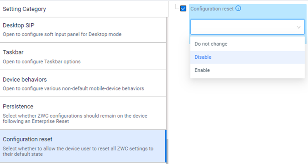 enable or disable the ability to reset the configuration on the device